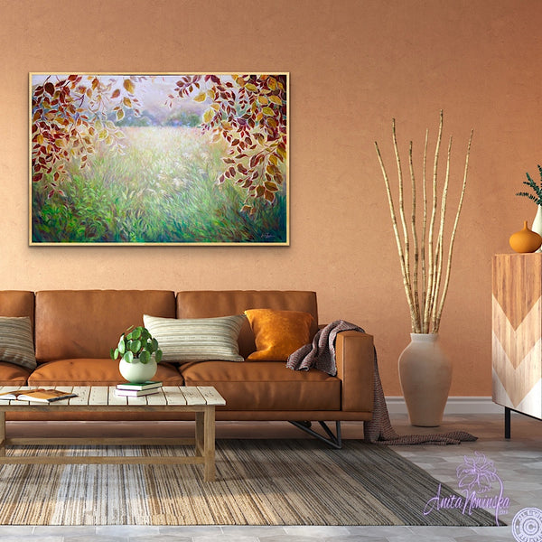 big acrylic on canvas landscape meadow painting witj gold beech leaves by anita nowinska