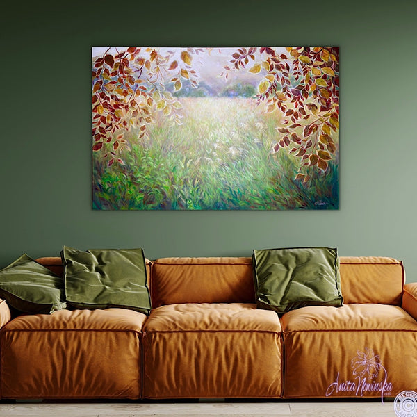 big acrylic on canvas landscape meadow painting with gold beech leaves by anita nowinska