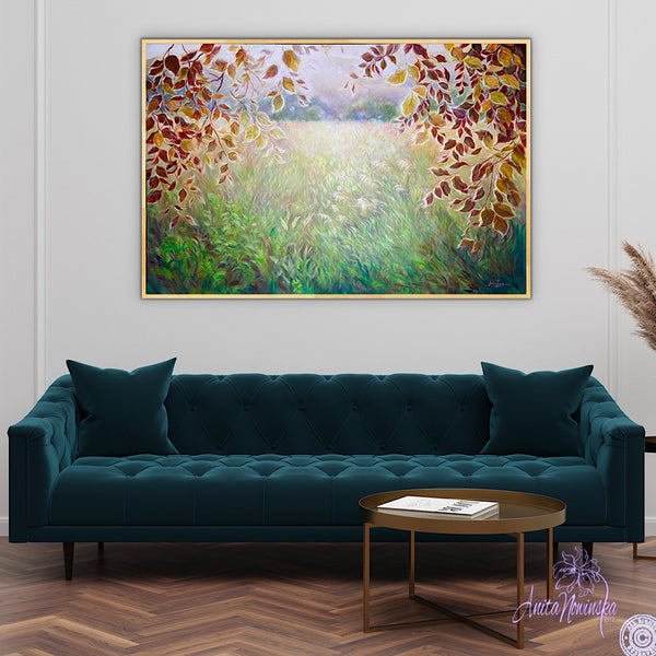 big acrylic on canvas landscape meadow painting with gold beech leaves by anita nowinska