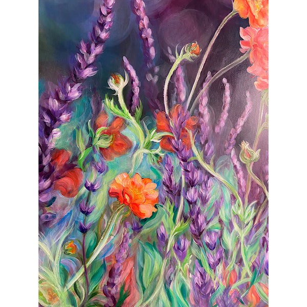 big flower garden paintung of orange geums & purple Salvias by Anita Nowinska