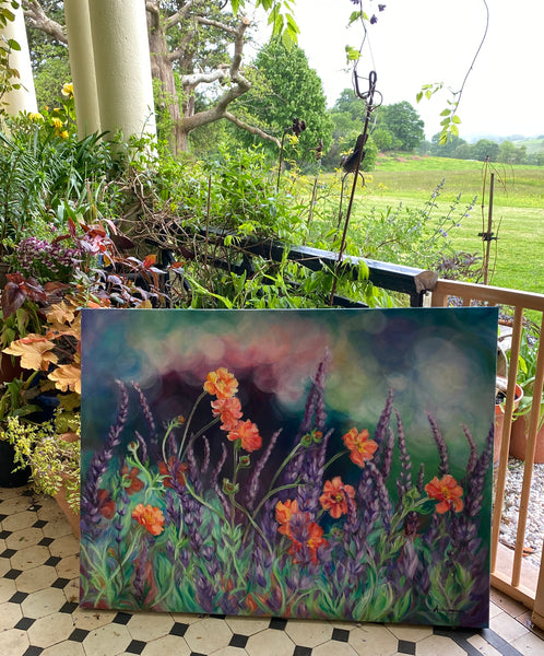big flower garden paintung of orange geums & purple Salvias by Anita Nowinska