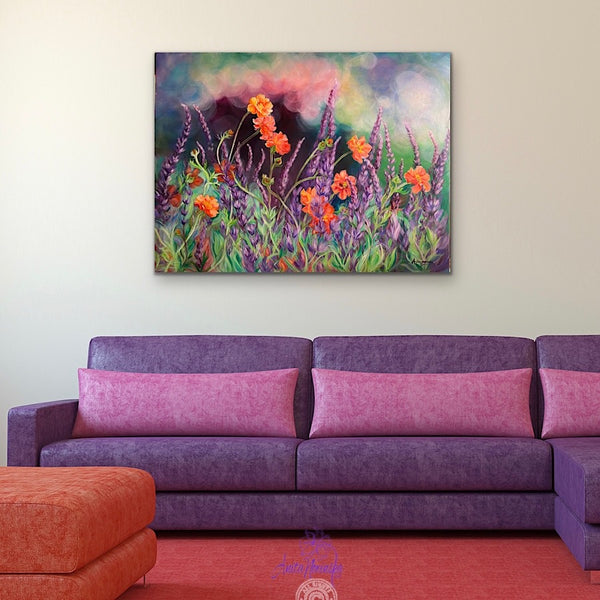 big flower garden painting of orange geums & purple Salvias by Anita Nowinska
