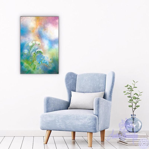 blue, pink & peach flower painting with forget me nots by anita nowinska