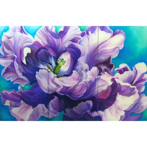 big flower painting of purple parrot tulip on turquoise background