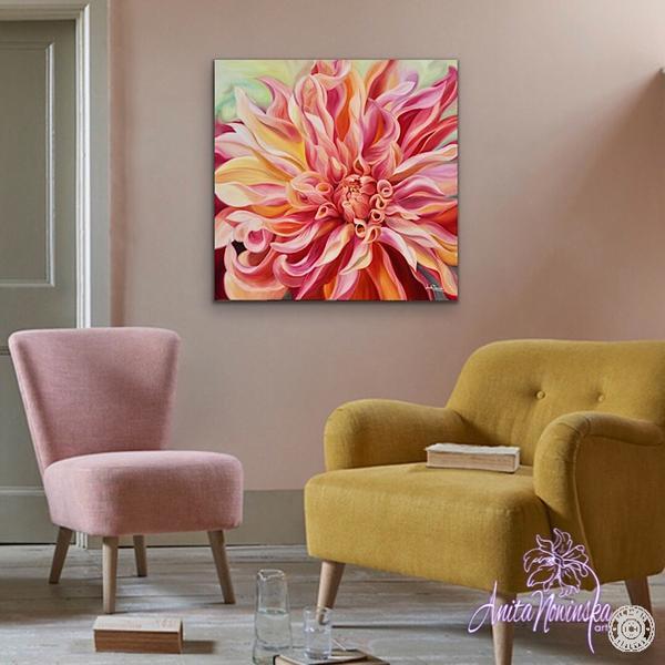 interior decor big floral wall art of peach dahlia flower painting
