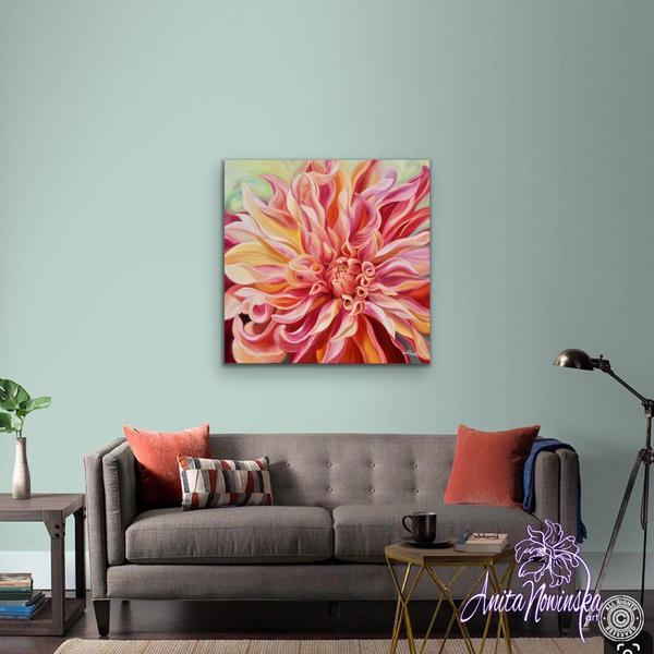 living room decor with peach dahlia big flower painting wall art