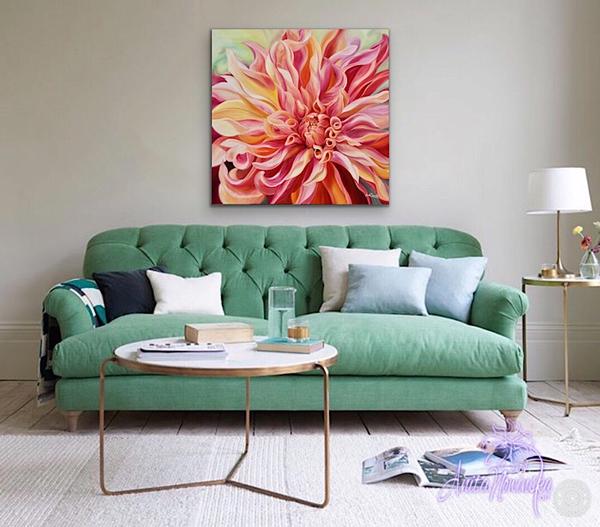 living room decor canvas Print of peach labyrinth dahlia by Anita nowinska