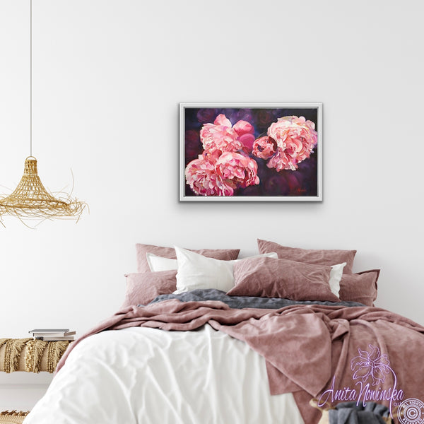 canvas flower painting of pink peonies on purple by anita nowinska