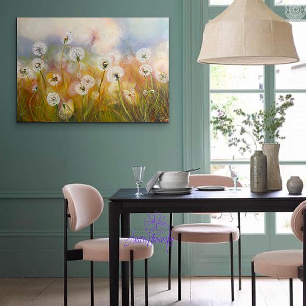 dandelion painting by anita nowinska in room with soft green wall