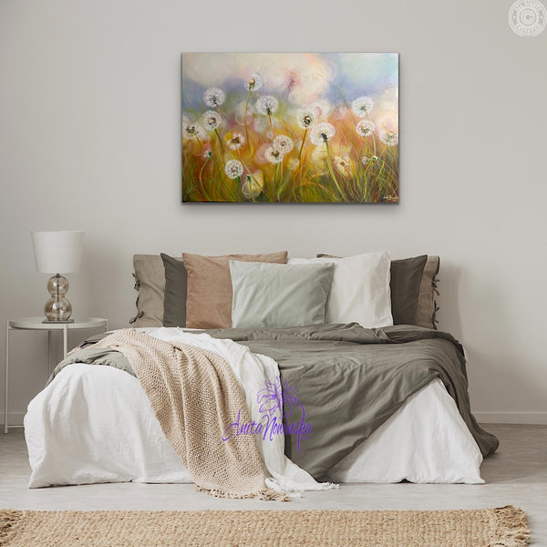 dandelion painting by anita nowinska in bedroom with warm neautral tones