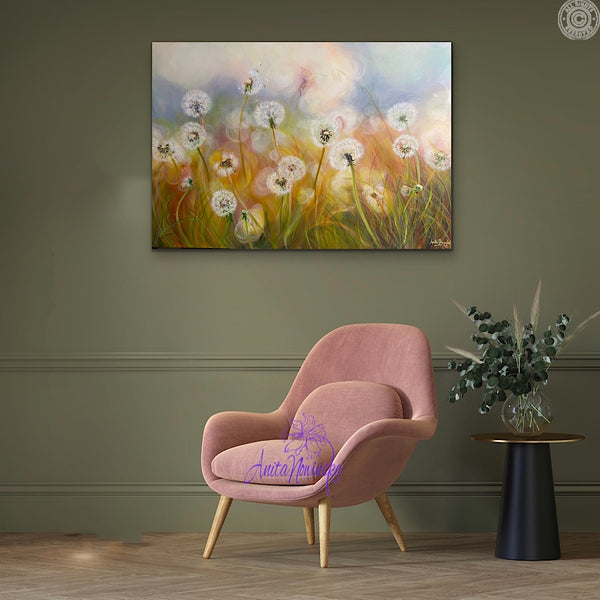 meadow of dandelions painting by anita nowinska in moss green and pink room
