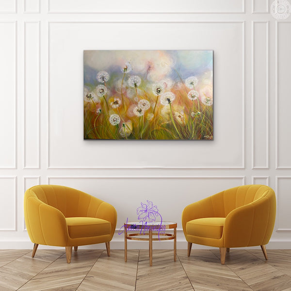 dandelion meadow painting by anita nowinska in room with yellow chairs