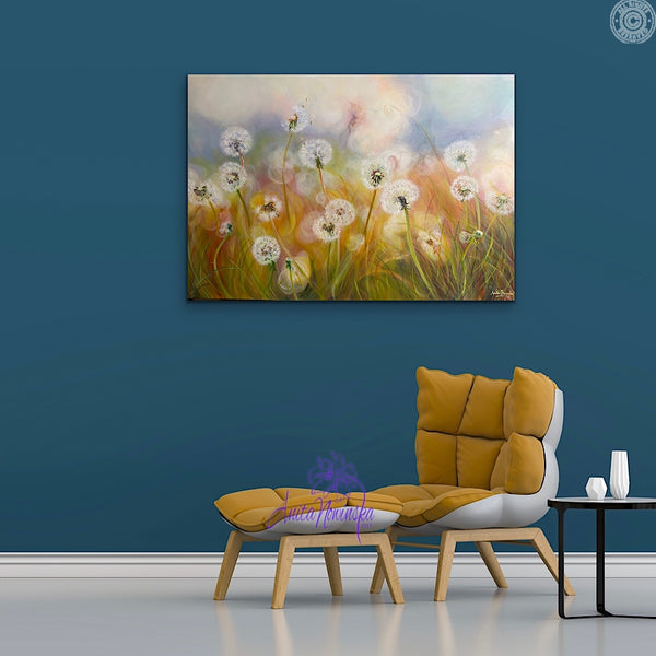 dandelion painting of meadow by anita nowinska in teal room with mustard chair
