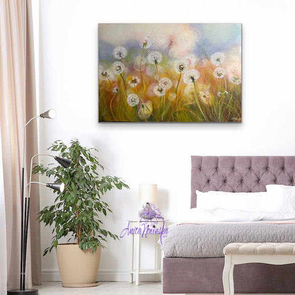 anita nowinskas dandelion painting in room with lilac bed
