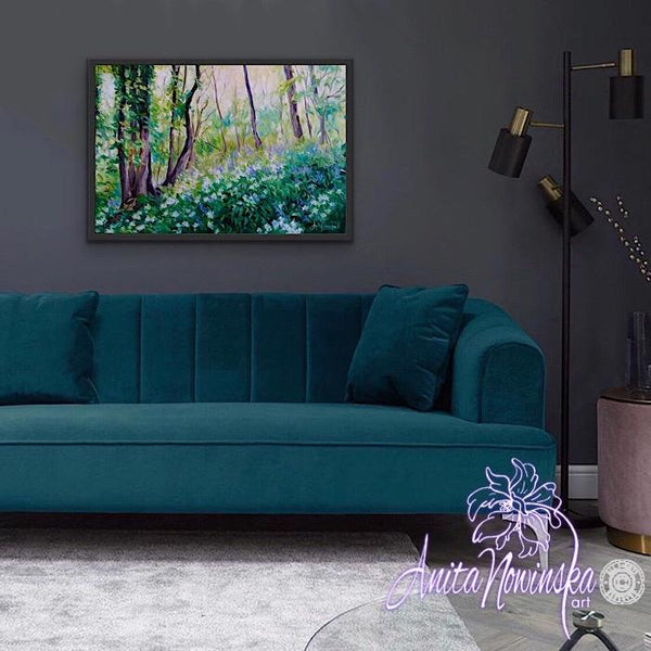 dark interior decor with green & blue landscape of bluebell woods