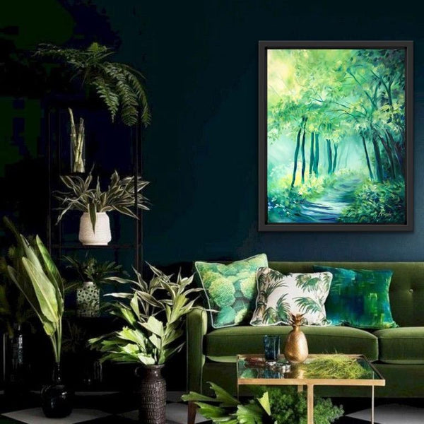 dark living room decor, oil painting of green trees by Anita Nowinska