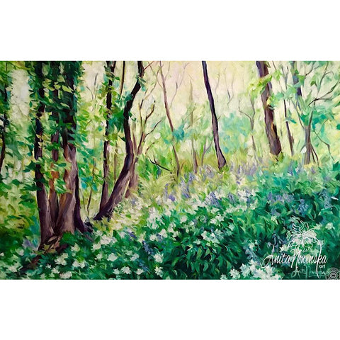 landscape painting of bluebell & ransom woods in green blue & white-oil on canvas by Anita nowinska