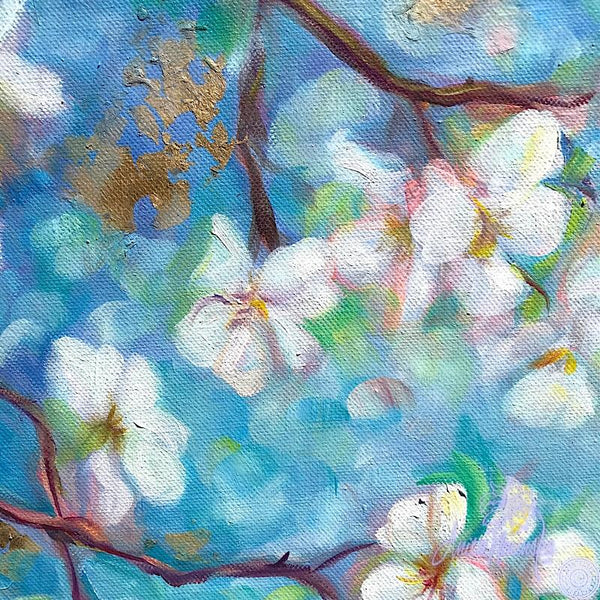 white apple blossom on blue sky & gold leaf, flower painting by Anita Nowinska