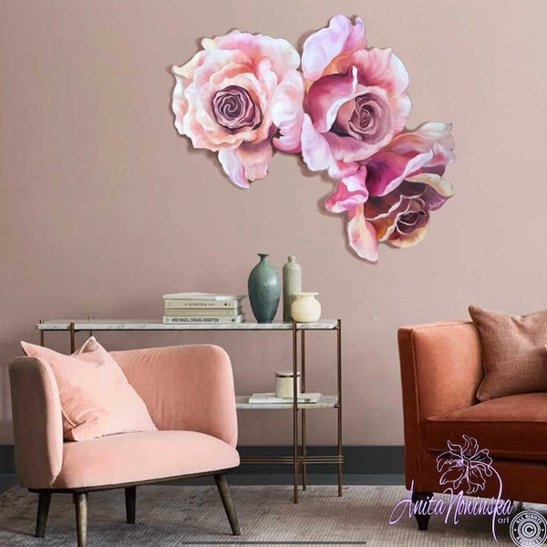 dusty pink roses , freeform wall decor flower painting 