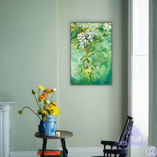 floral painting of white apple blossom on green background in oil on canvas by anita nowinska