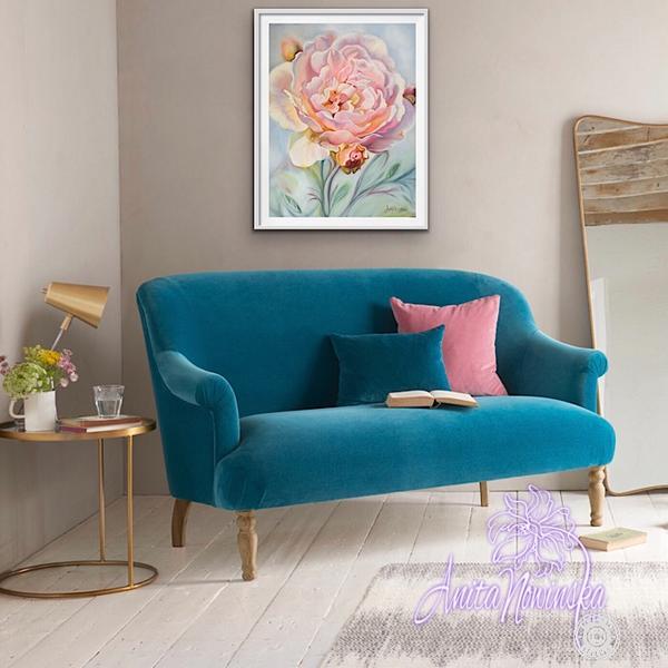 flower painting of soft pink rose on blue by Anita Nowinska