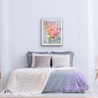 flower painting of soft pink rose on blue by Anita Nowinska