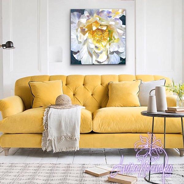 flower painting of white peony in oil on canvas by Anita Nowinska
