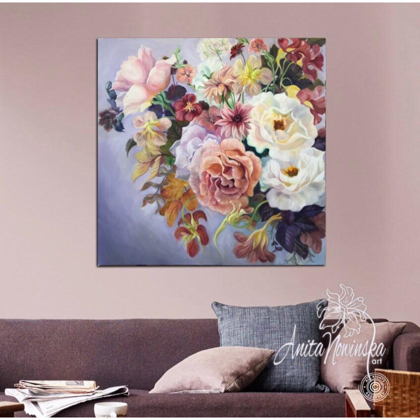 Reminiscence- Big Flower Bouquet painting, oil on canvas in soft tomes ...