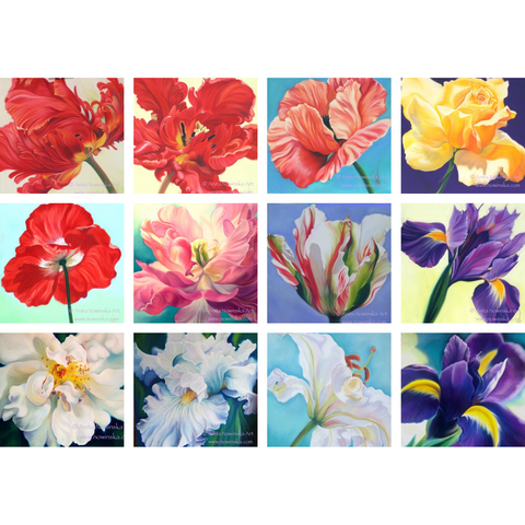 Pack of 12, Assorted - 'Feelme' Art Greetings Cards- Flower Paintings