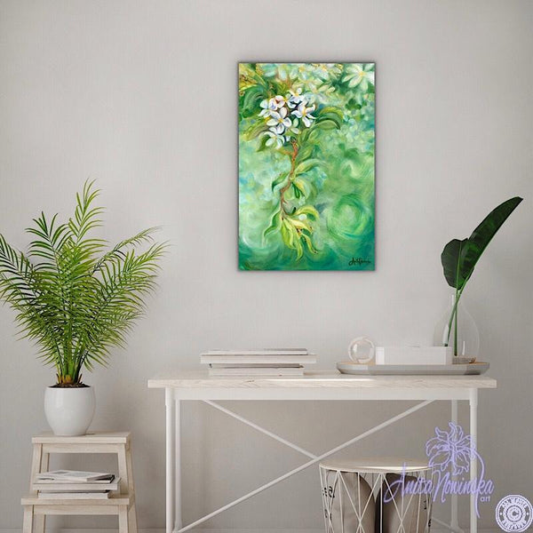 floral painting of white apple blossom on green background in oil on canvas by anita nowinska