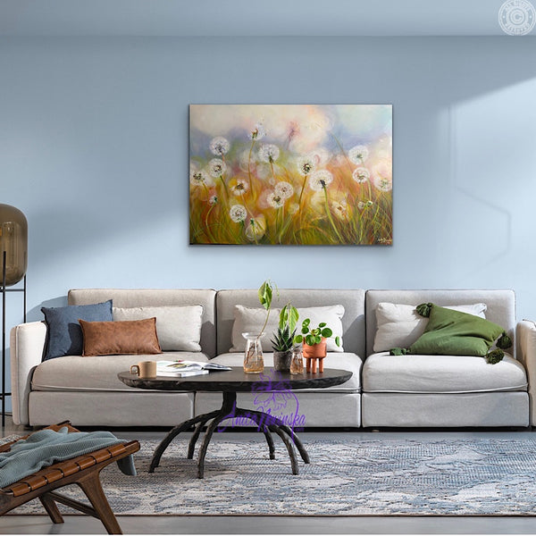 dandelion meadow painting by Anita Nowinska in room with Dulux bright skies 2022 colour trend
