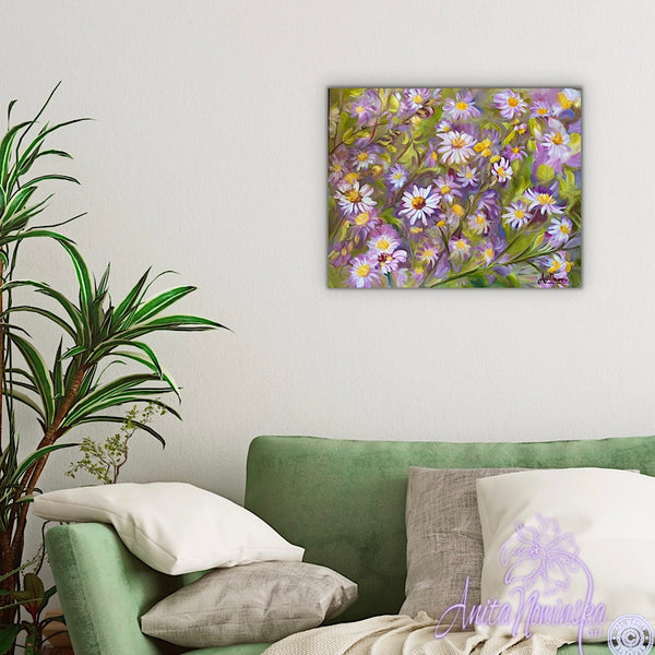 lilac aster flower painting. home accents on canvas by anita nowinska