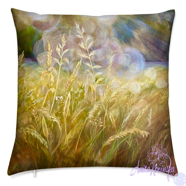 luxury velvet cushion in gold with wild meadow grasses for interior decor, art