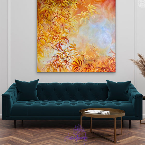 big oil on canvas of acer golden autumn leaves by anita nowinka with teal sofa