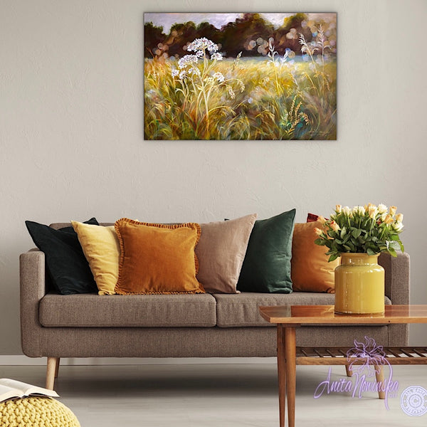 golden sunlit meadow with grasses & cowparsley, meadow painting by Anita Nowinska. Gold, ochre,green