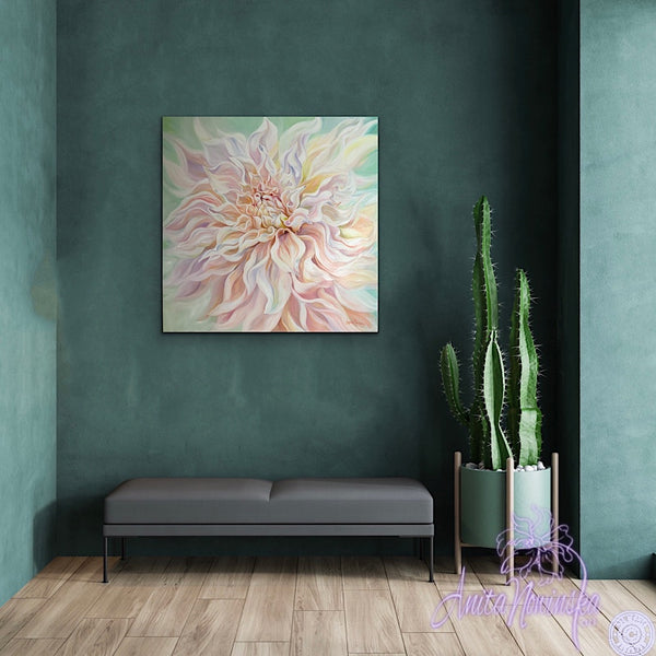 green interior decor with big dahlia flower painting by anita nowinska