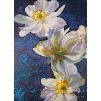 white anemones, on blue- Original canvas- flower Painting