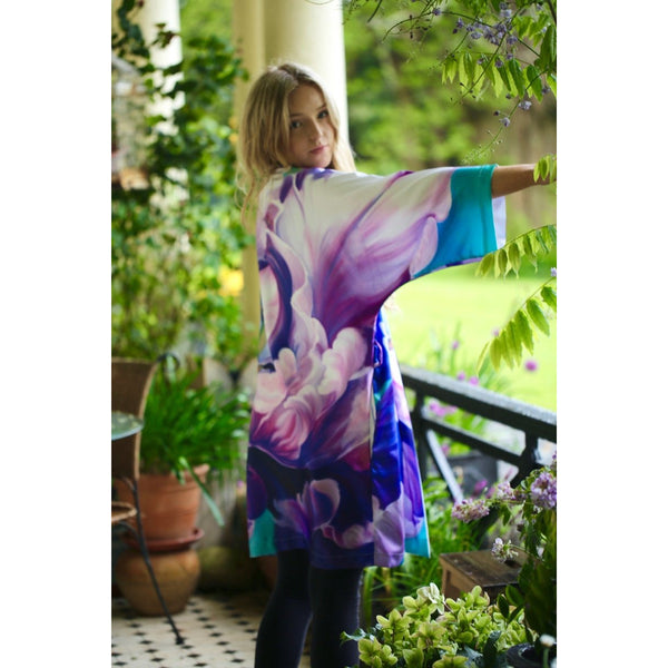 silk-velvet-designer clothing-lingerie-kimono-flower-lilac-turquoise