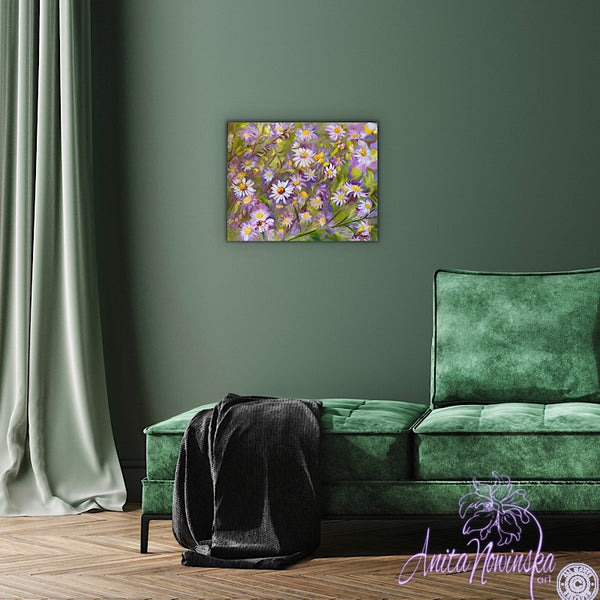 lilac aster flower painting. home accents on canvas by anita nowinska