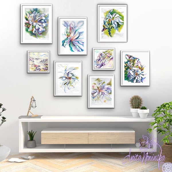 gallery wall of magnolia drawings by Anita Nowinska