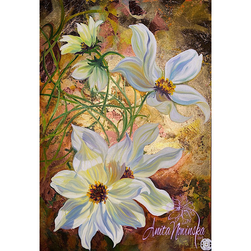 mixed media & gold leaf cosmos flower painting by anita nowinska