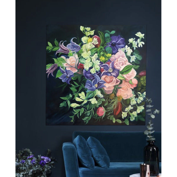 dark flower painting-wedding bouquet-floral art- statement art-anita nowinska- clematis, roses- pink-purple-oil on canvas