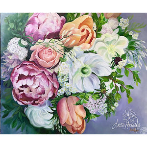 British flowers- still life- wedding bouquet- roses- nasturtiums- flower paintings- peach-red-white- anita nowinska-tulips-anemones,