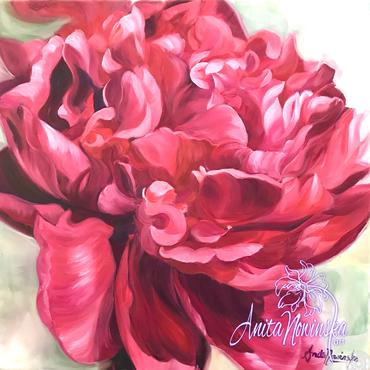 oil on canvas of red peony on pale green by Anita Nowinska