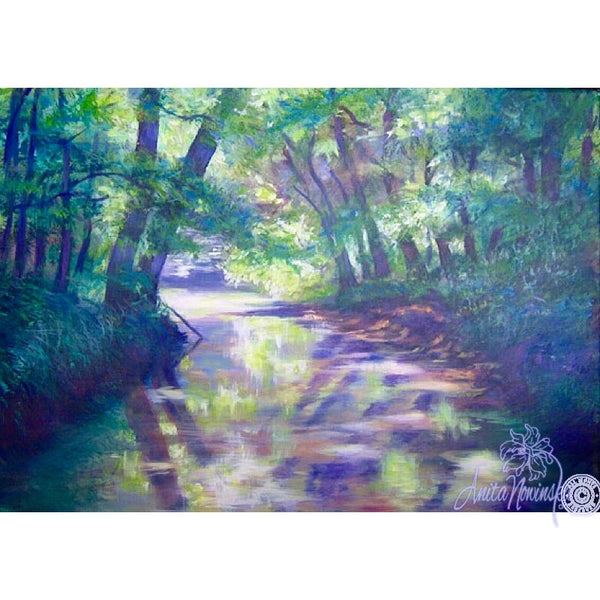 oil on canvas landscape painting of river meandering through trees