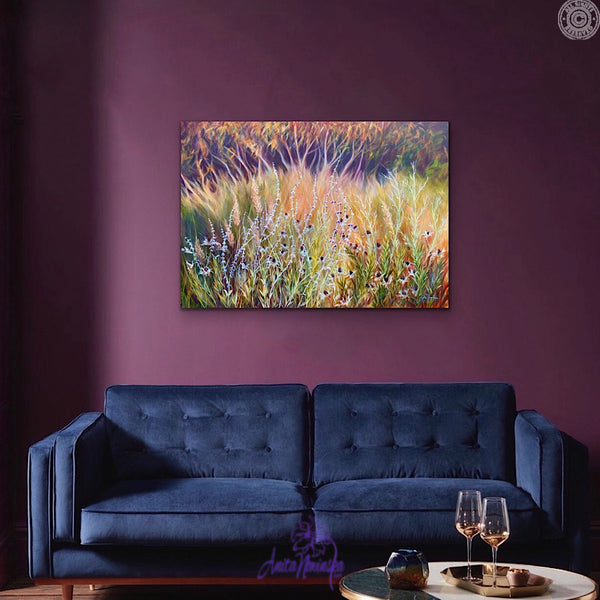 mellow days by anita nowinska, autumn garden painting in purple  and navy room