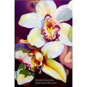 Voracious- Orchid, Flower Painting, Burgundy, yellow, pink, acrylic on canvas original