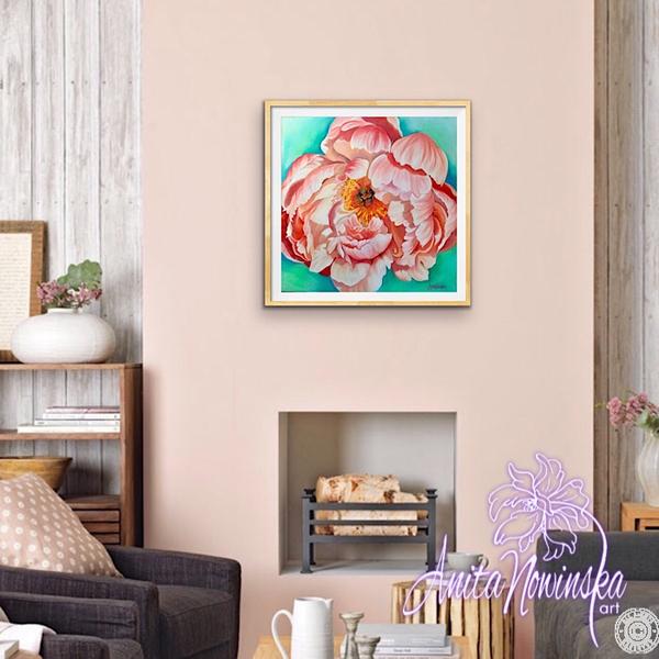 living room decor with painting of peach peony 'prosperity' by Anita Nowinska