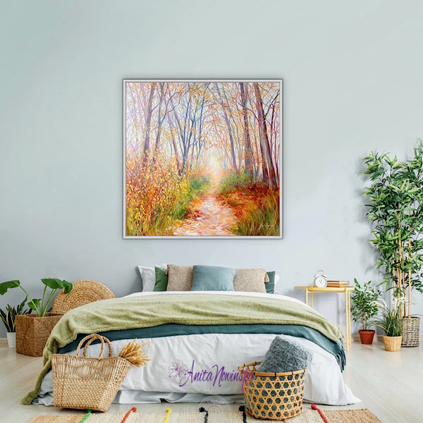 haven is a big painting on canvas of a woodland path in autumn leading to light in a room with a burnt orange sofa, by anita nowinska
