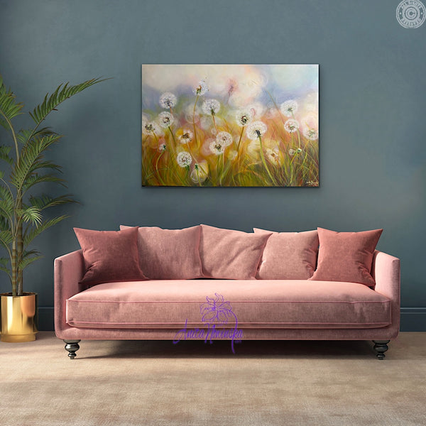 dandelion meadow painting by anita nowinska in teal and pink room
